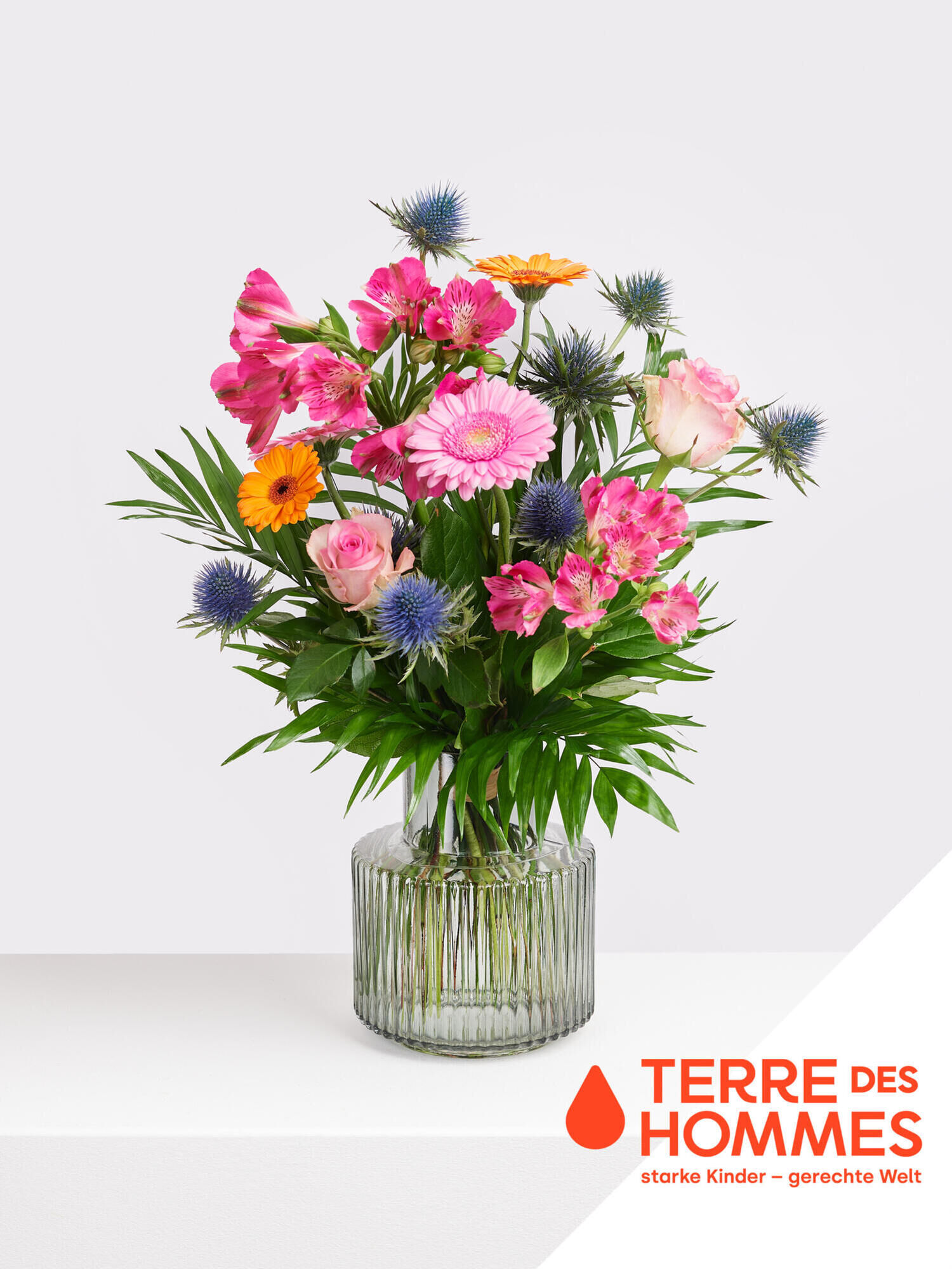 Charity Strauß - Hauptblüte: Alstromerien, Germini, Rosen - Hauptfarbe: Blau, Orange, Pink, Rosa
