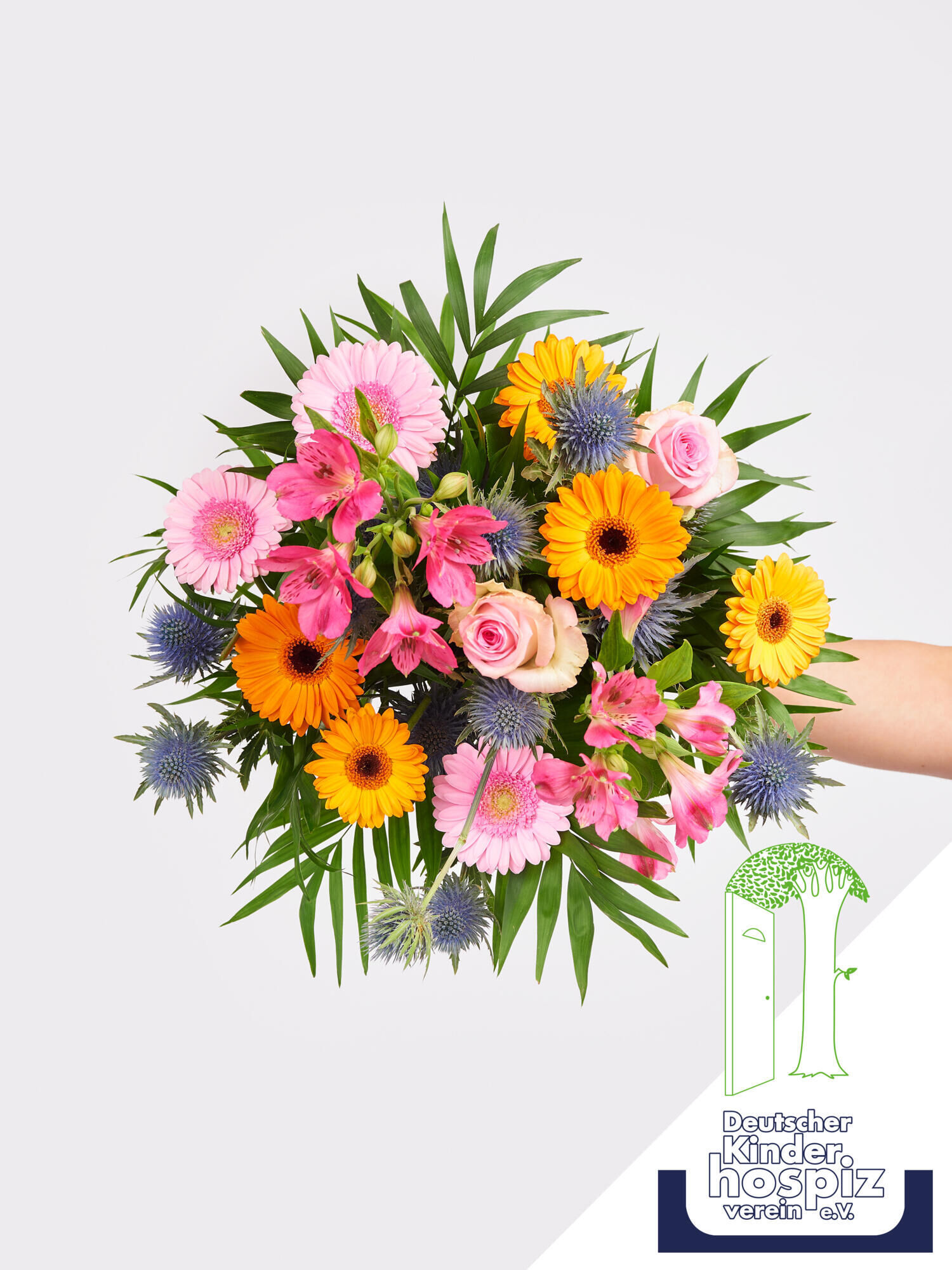 Charity Strauß - Hauptblüte: Alstromerien, Germini, Rosen - Hauptfarbe: Blau, Orange, Pink, Rosa