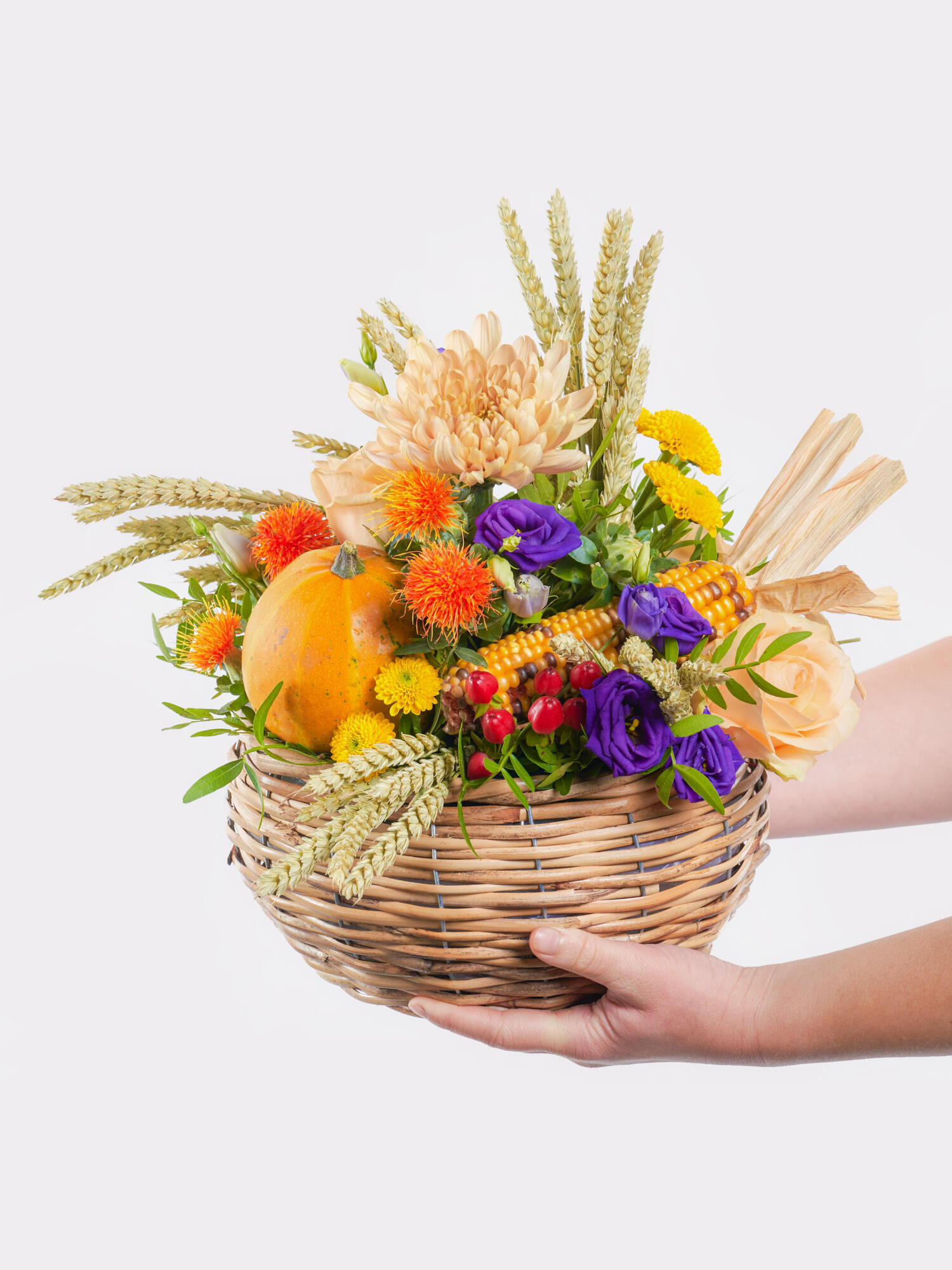 Herbstleuchten - Hauptblüte: Chrysanthemen, Eustoma, Rosen - Hauptfarbe: Apricot, Gelb, Violett