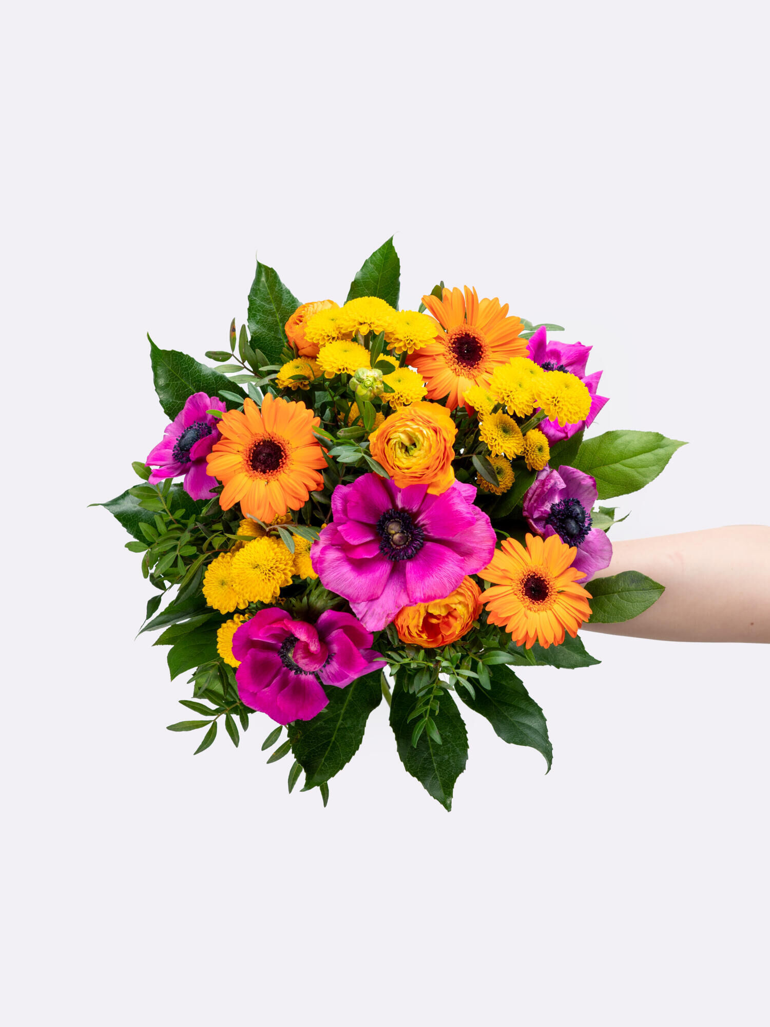 Frühlingsgarten - Hauptblüte: Chrysanthemen, Germini, Ranunkeln - Hauptfarbe: Gelb, Orange, Pink