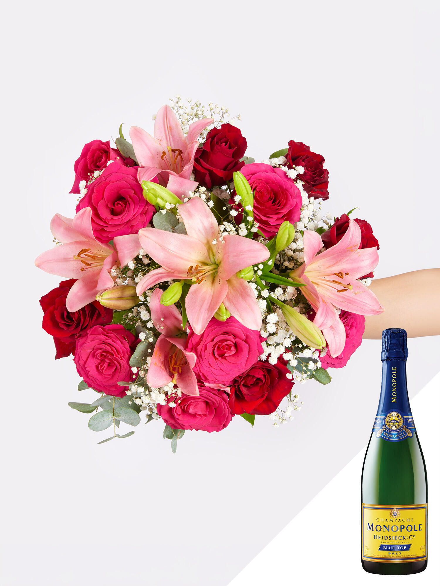 Glamorous Charm mit Champagner - Hauptblüte: Lilien, Rosen - Hauptfarbe: Pink, Rosa, Rot