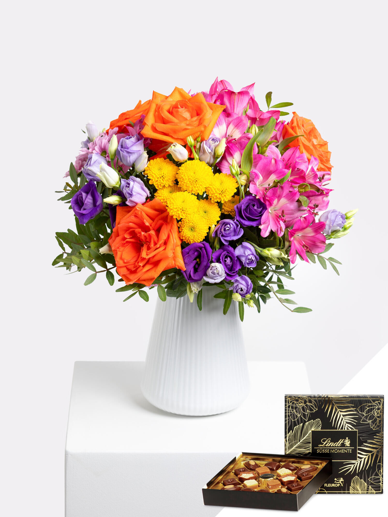 Sweet Birthday - Hauptblüte: Alstromerien, Rosen - Hauptfarbe: Bunt, Gelb, Orange, Pink, Violett