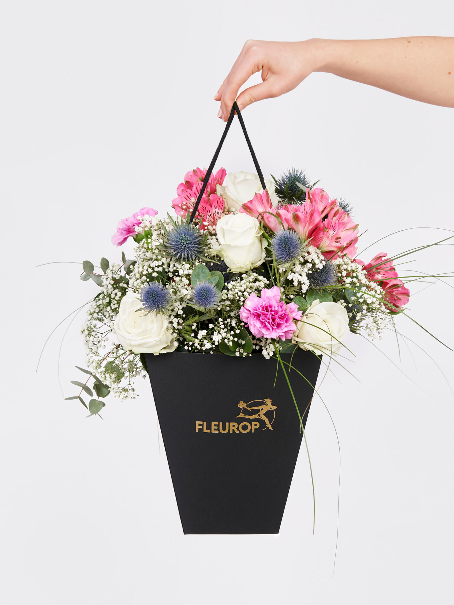 Fröhlicher Blumengruß - Hauptblüte: Alstromerien, Nelken, Rosen - Hauptfarbe: Pink, Rosa, Weiß