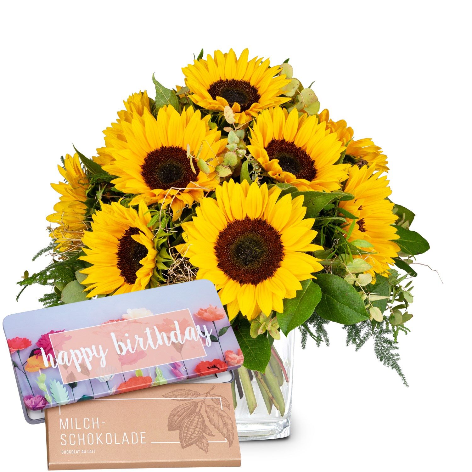 Flower bouquet 'Sunflowers Pure' with Munz bar of chocolate