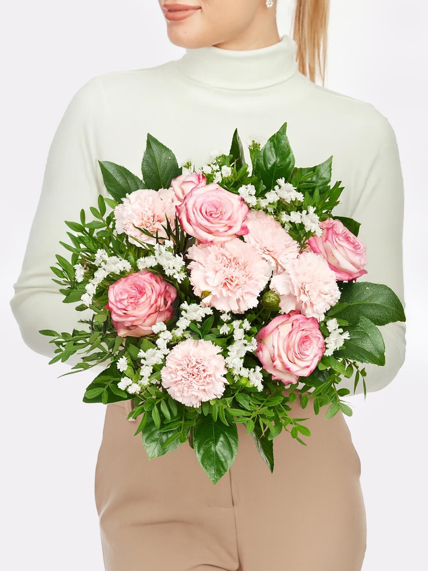 Strauß der Woche Strauß der Woche - Hauptblüte: Nelken, Rosen - Hauptfarbe: Rosa, Weiß