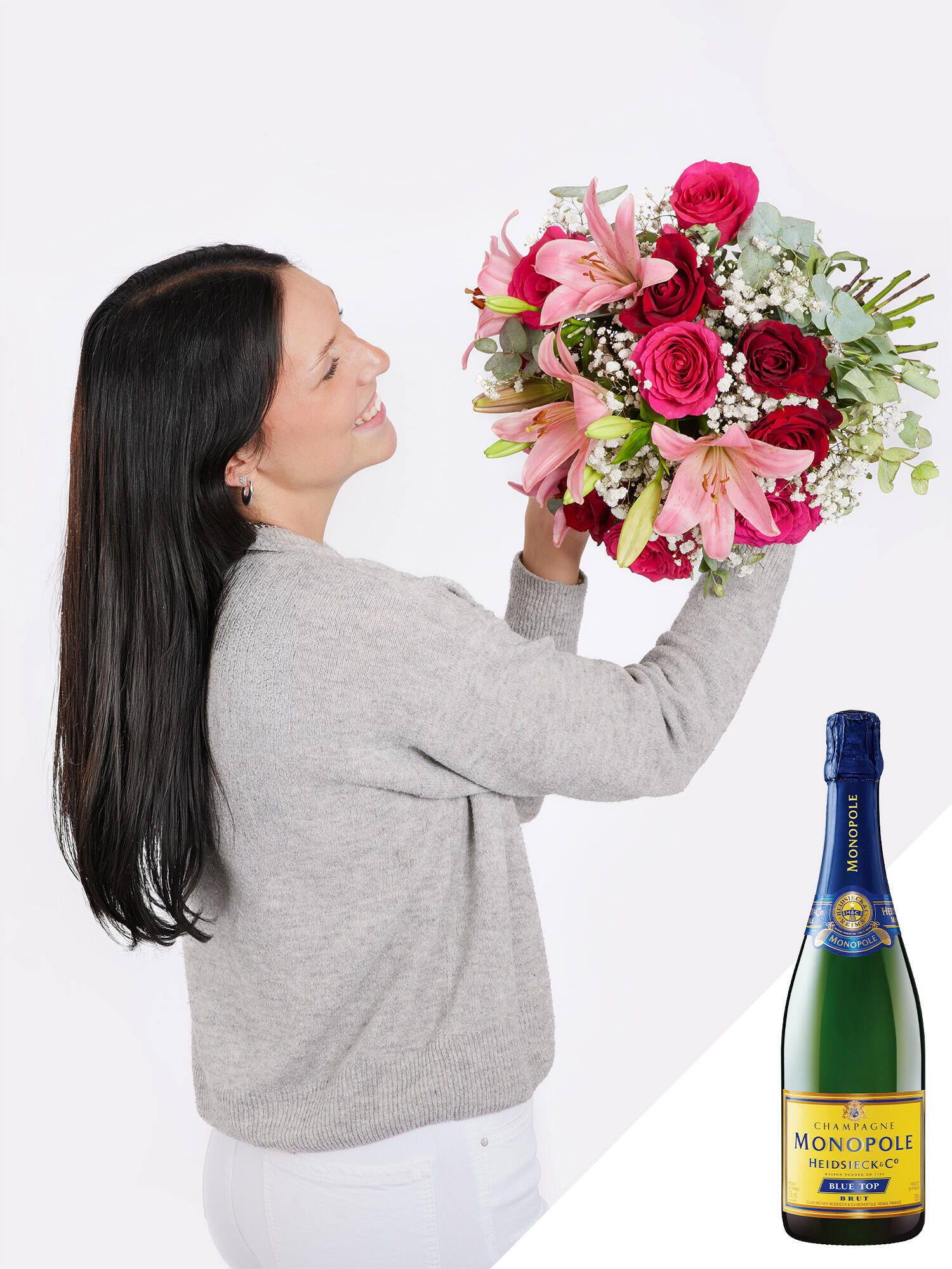 Glamorous Charm mit Champagner - Hauptblüte: Lilien, Rosen - Hauptfarbe: Pink, Rosa, Rot