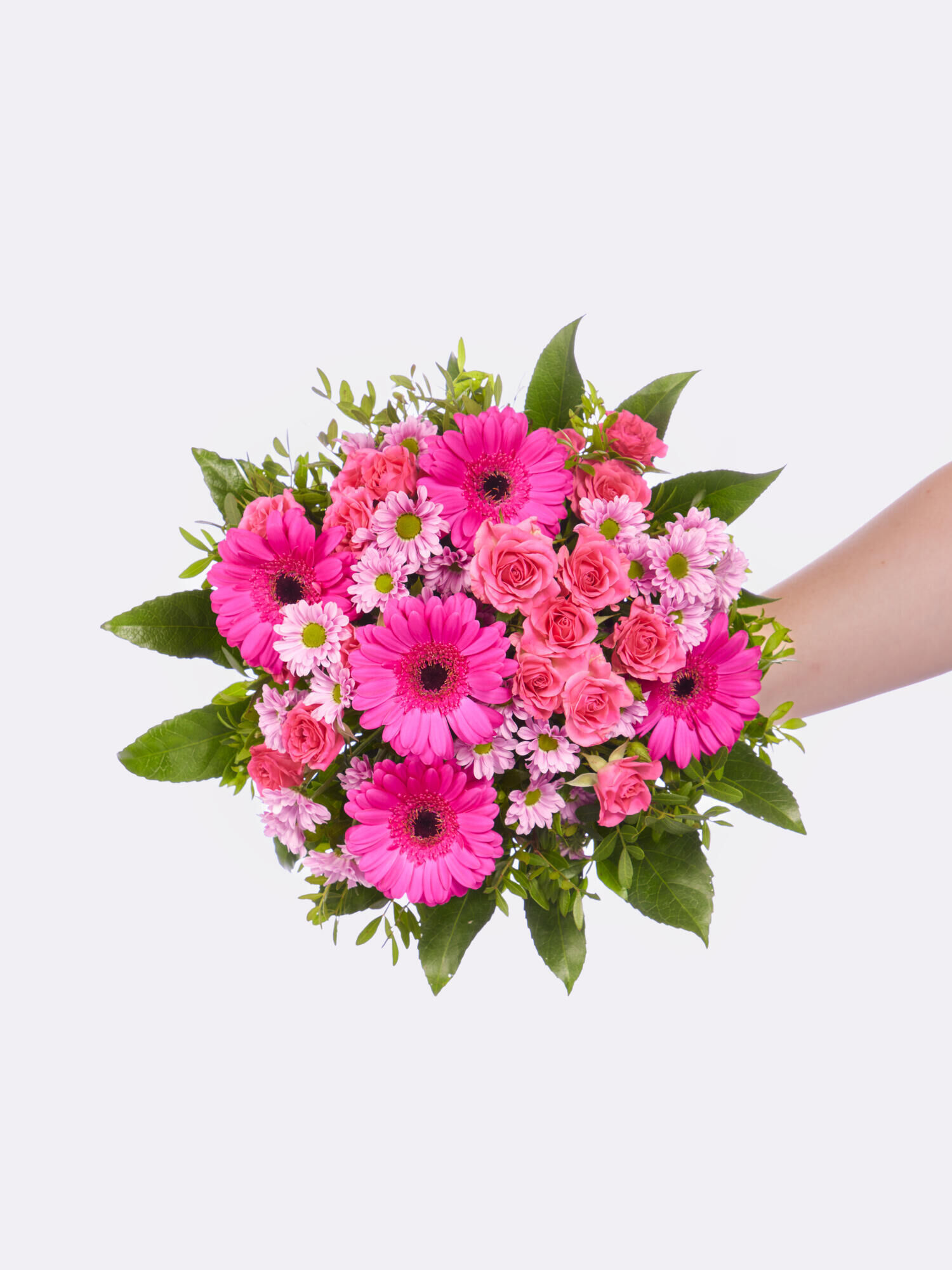Strauß der Woche - Hauptblüte: Chrysanthemen, Germini, Rosen - Hauptfarbe: Pink, Rosa