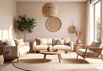 Helles modernes Wohnzimmer mit beigen Möbeln und natürlicher Dekoration.