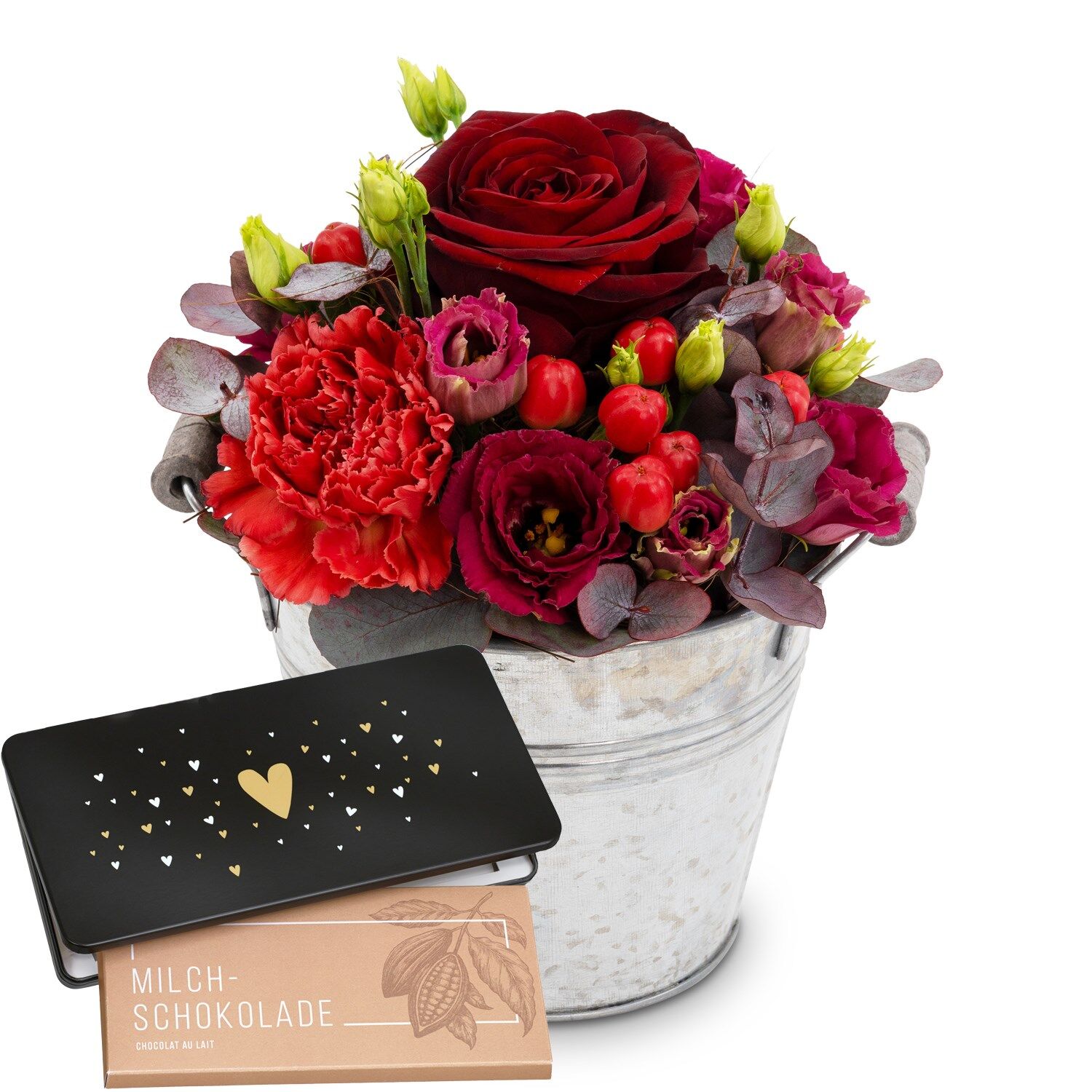 Flower arrangement 'Red Symphony' with Munz bar of chocolate