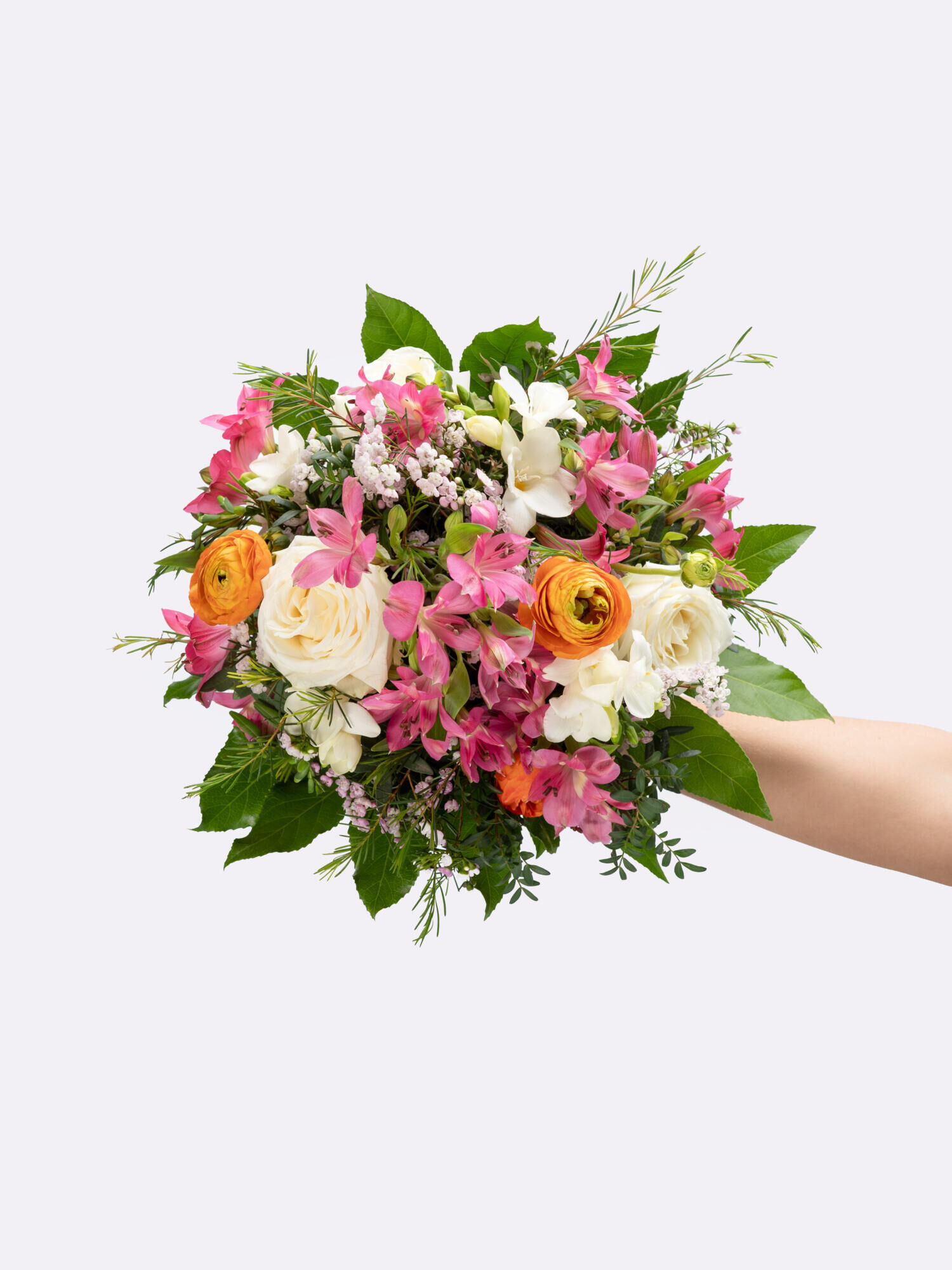 Mein Sonnenschein - Hauptblüte: Alstromerien, Freesien, Ranunkeln, Rosen - Hauptfarbe: Orange, Rosa, Weiß