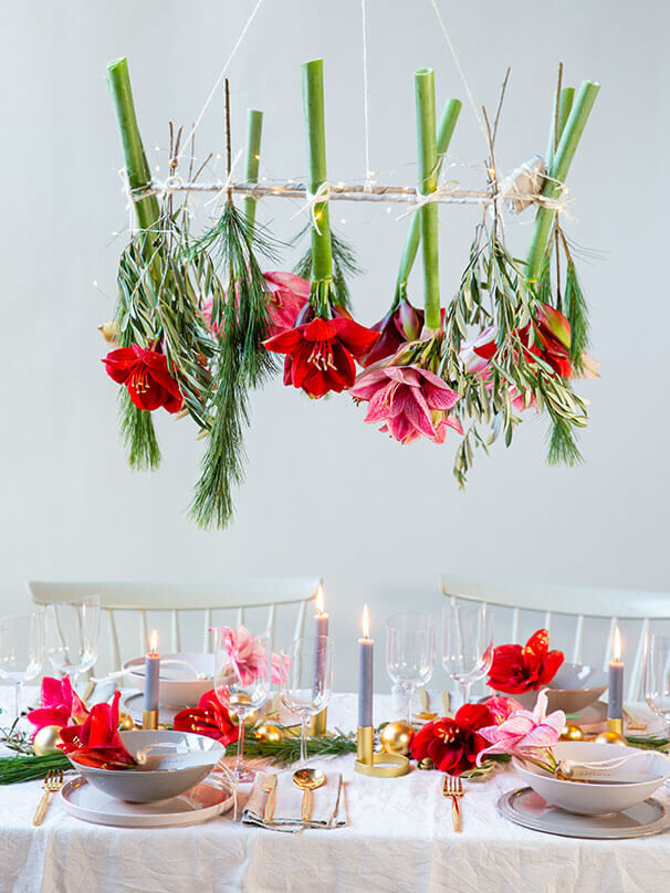 Weihnachtlich gedeckter Tisch mit hängender Amaryllisdeko.