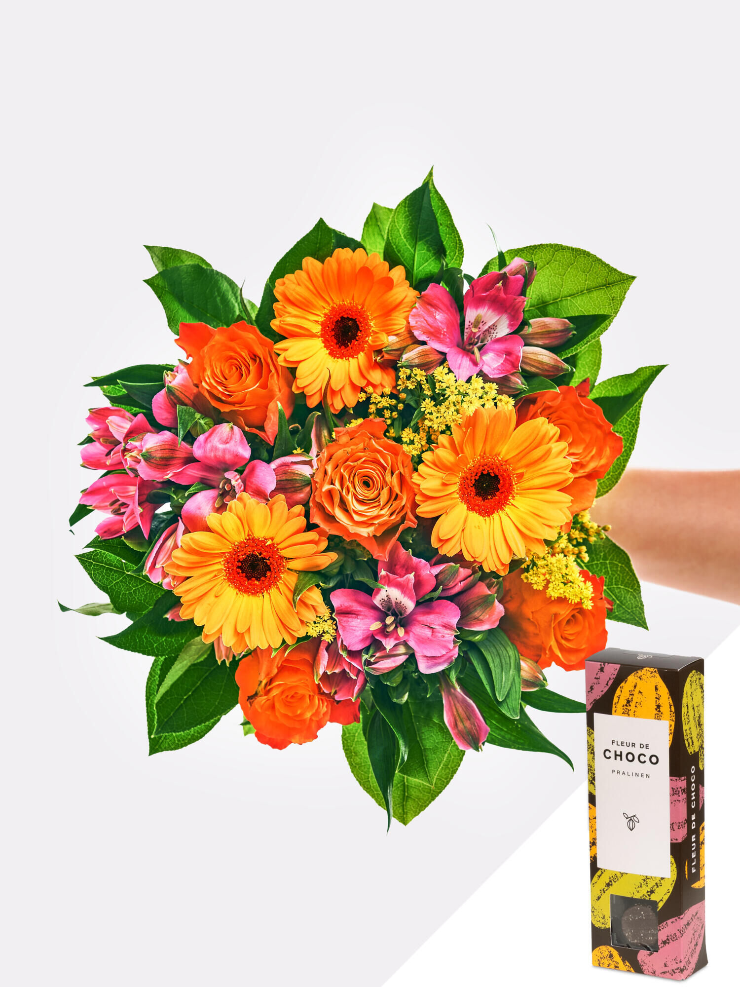 Sonnige Geburtstagsgrüße mit Fleur de Choco - Hauptblüte: Alstromerien, Germini, Rosen - Hauptfarbe: Orange, Pink