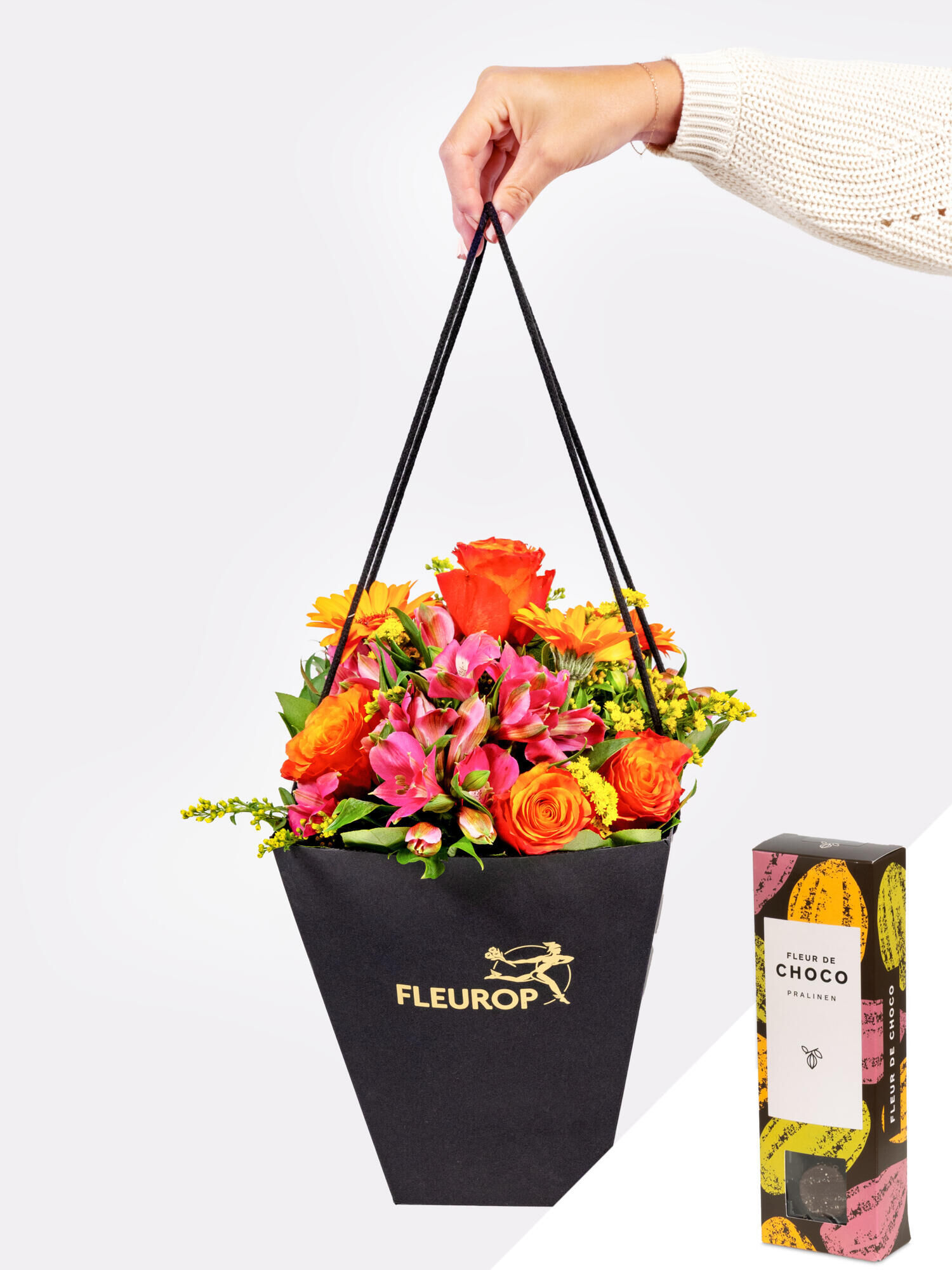 Sonnige Geburtstagsgrüße mit Fleur de Choco - Hauptblüte: Alstromerien, Germini, Rosen - Hauptfarbe: Orange, Pink