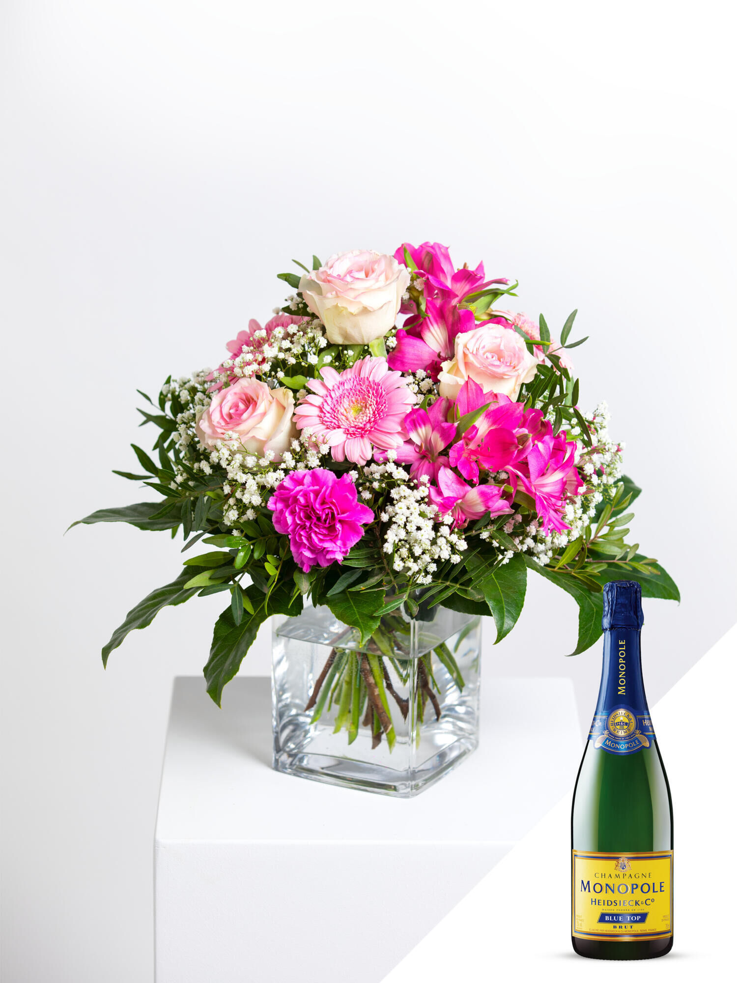 In Feierlaune mit Champagner - Hauptblüte: Alstromerien, Germini, Rosen - Hauptfarbe: Pink, Rosa