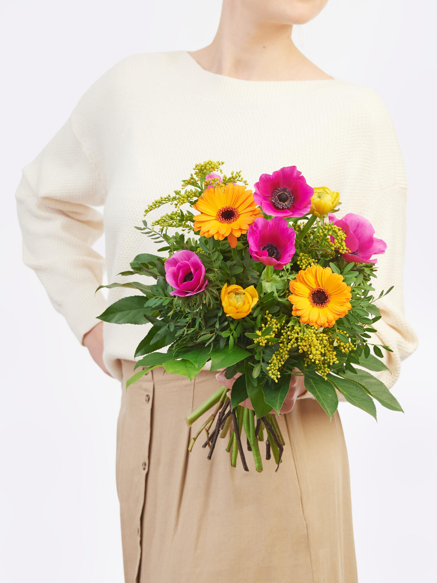 Sonnenkuss - Hauptblüte: Germini, Ranunkeln - Hauptfarbe: Gelb, Orange, Pink