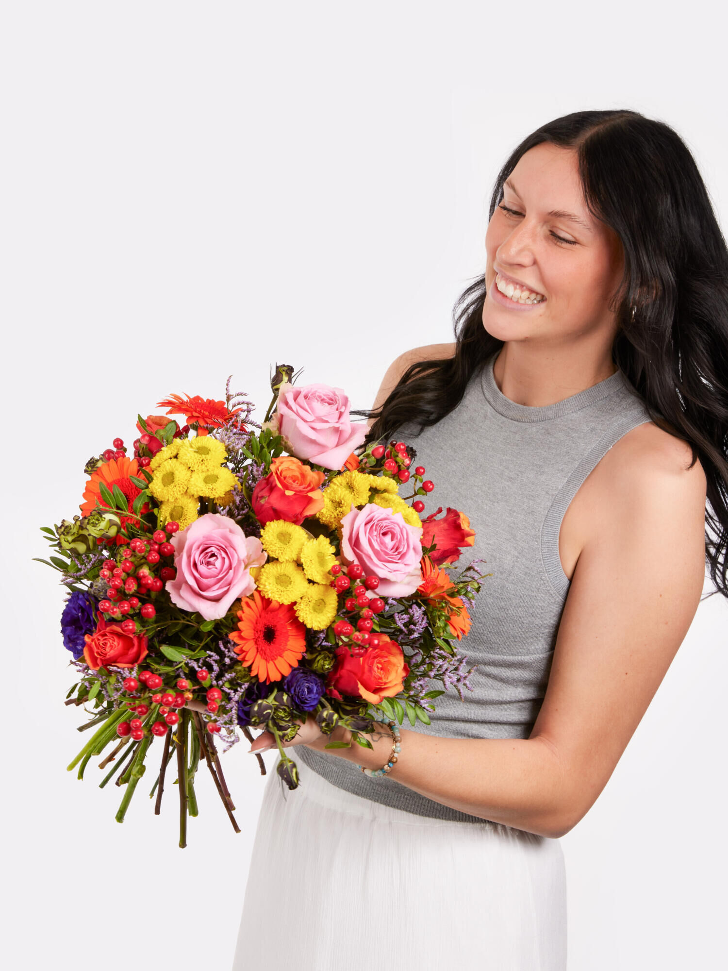 Geburtstagsgruß - Hauptblüte: Eustoma, Germini, Rosen - Hauptfarbe: Bunt