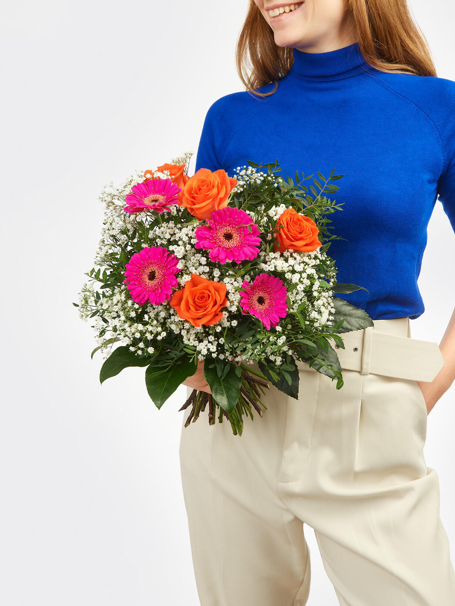 Strauß der Woche - Hauptblüte: Germini, Rosen - Hauptfarbe: Orange, Rosa