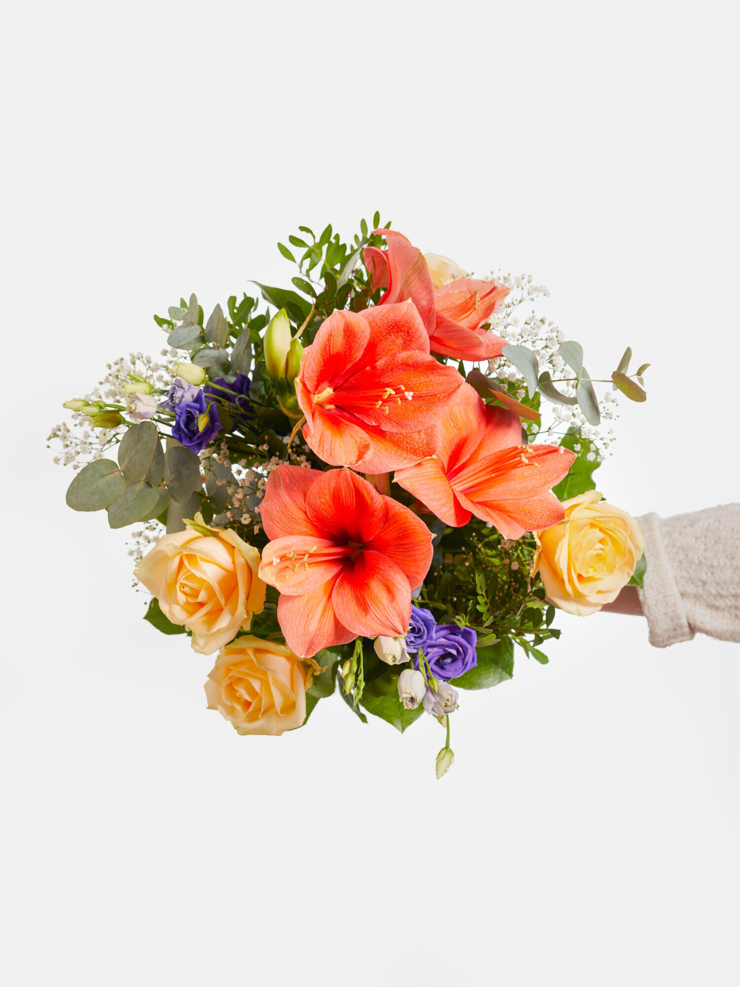 Besinnlichkeit - Hauptblüte: Amaryllis, Eustoma, Rosen - Hauptfarbe: Apricot, Violett