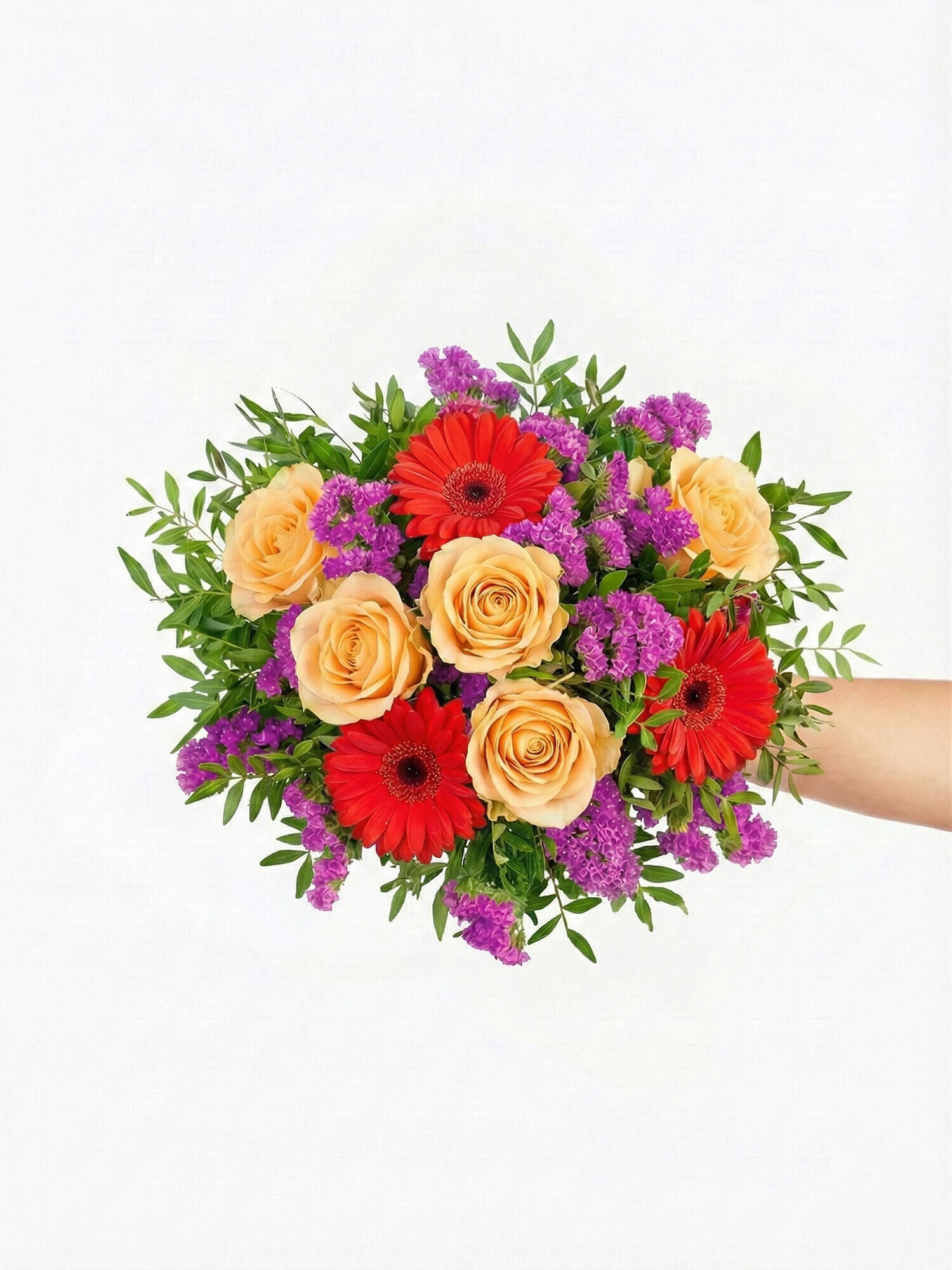 Strauß der Woche - Hauptblüte: Germini, Rosen - Hauptfarbe: Apricot, Rot, Violett