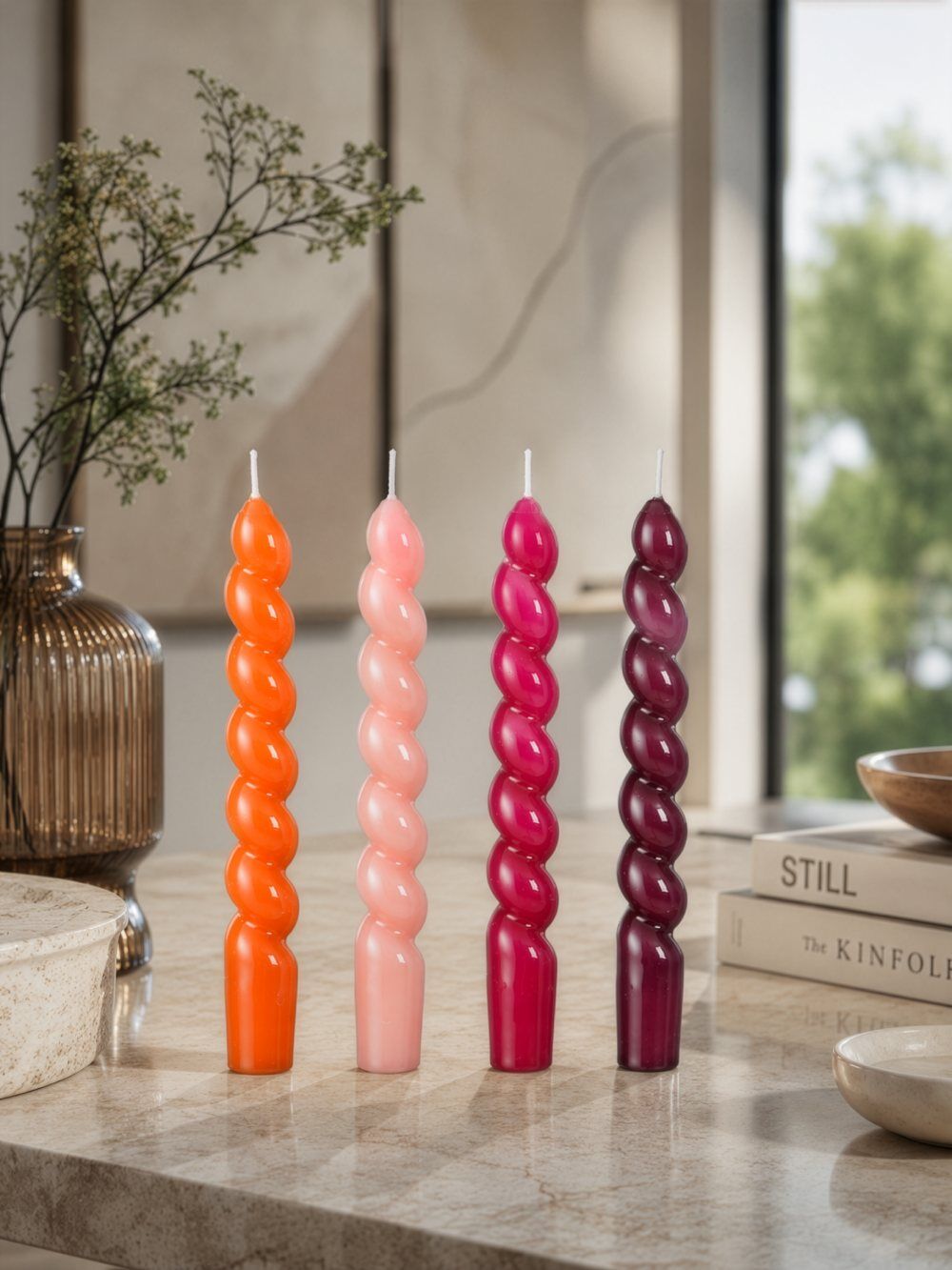 Taper candle set “Twist” pink-fuchsia-red-orange