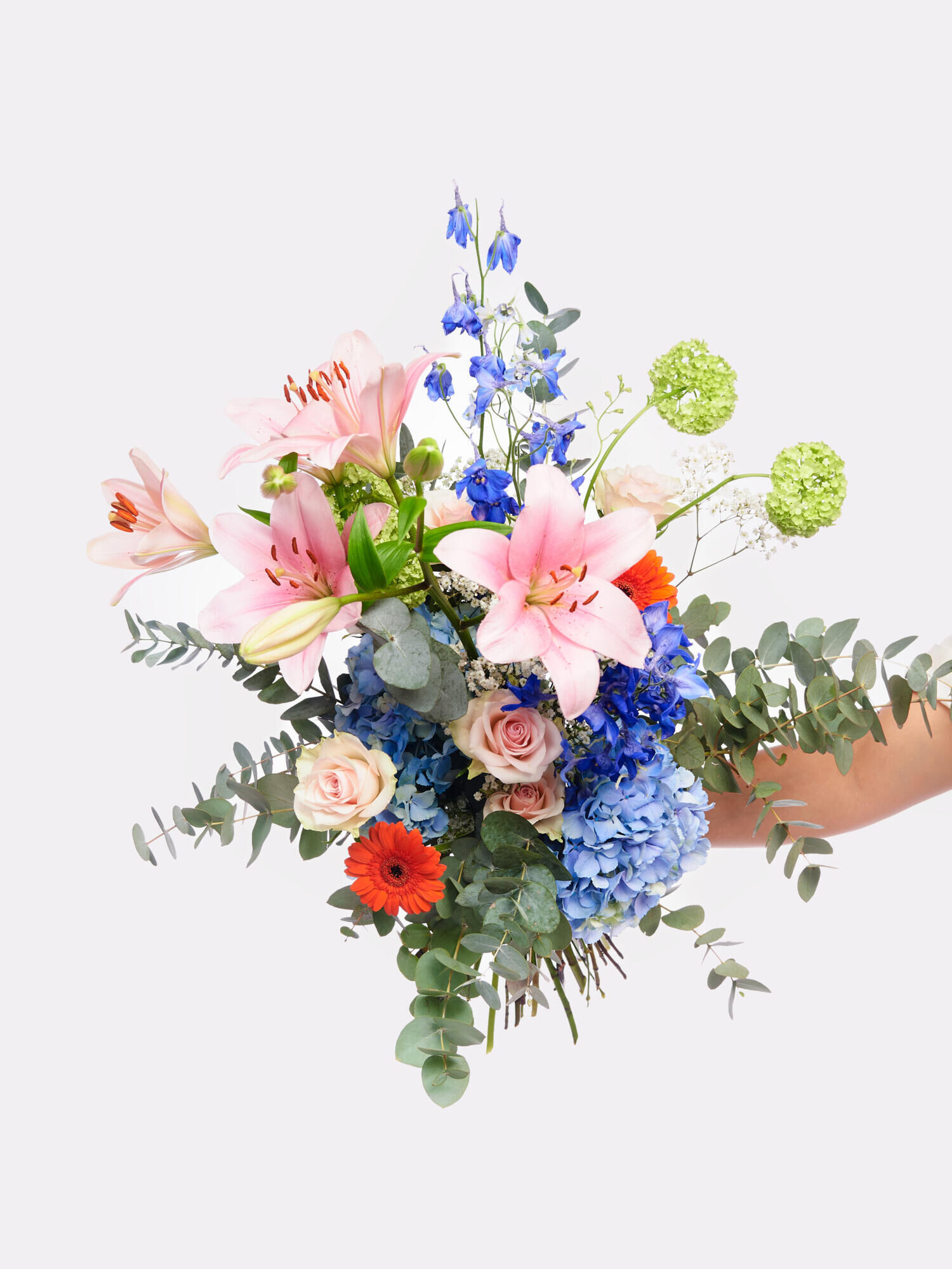 For my everyday hero - Main Colors: BLUE, ORANGE, ROSE - Main Flowers: GERBERA, HYDRANGEA, LILIES, ROSES
