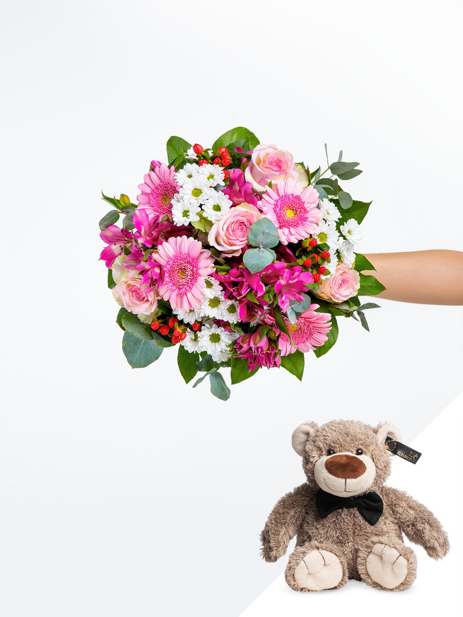 Herzenszauber mit Teddy - Hauptblüte: Alstromerien, Chrysanthemen, Germini, Rosen - Hauptfarbe: Pink, Rosa