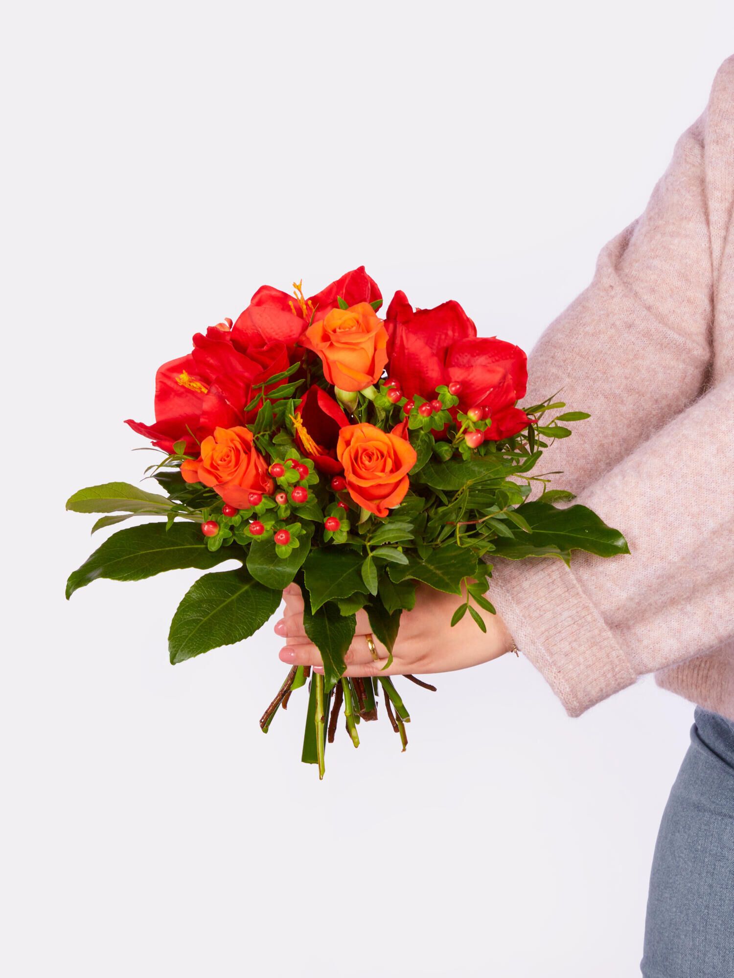 Strauß der Woche - Hauptblüte: Amaryllis, Rosen - Hauptfarbe: Orange, Rot
