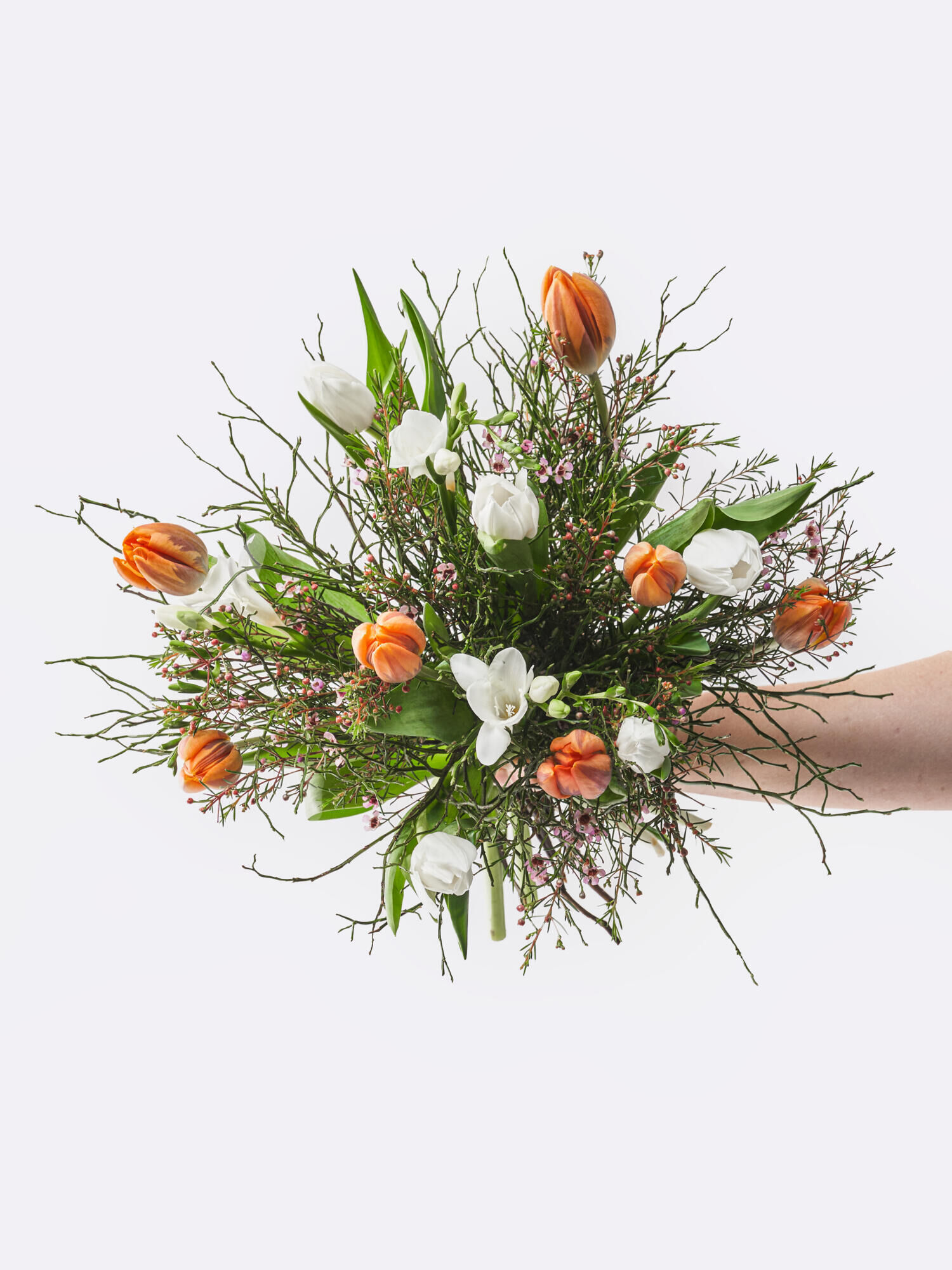Kleine Aufmunterung - Hauptblüte: Freesien, Tulpen - Hauptfarbe: Orange, Weiß