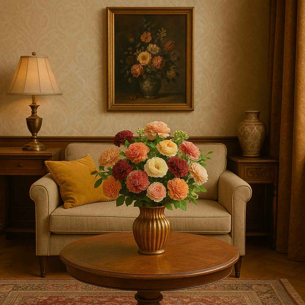 Vintage-inspiriertes Wohnzimmer mit beige-braunem Sofa, opulentem Blumenstrauß in goldener Vase und klassischem Gemälde – ein Beispiel für den Einrichtungstrend Nostalgic Home.