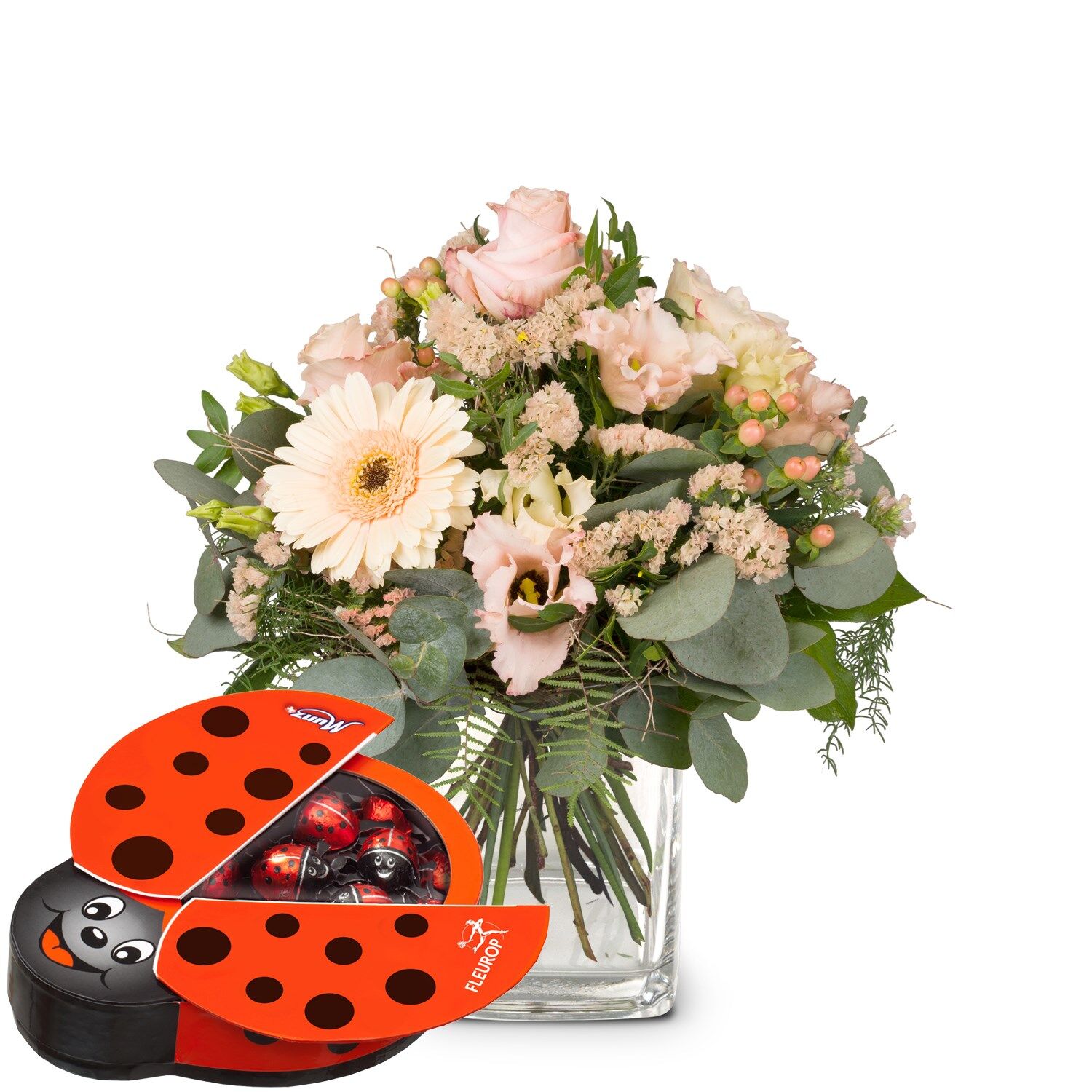 Delicate Seasonal Bouquet with Munz chocolate ladybird