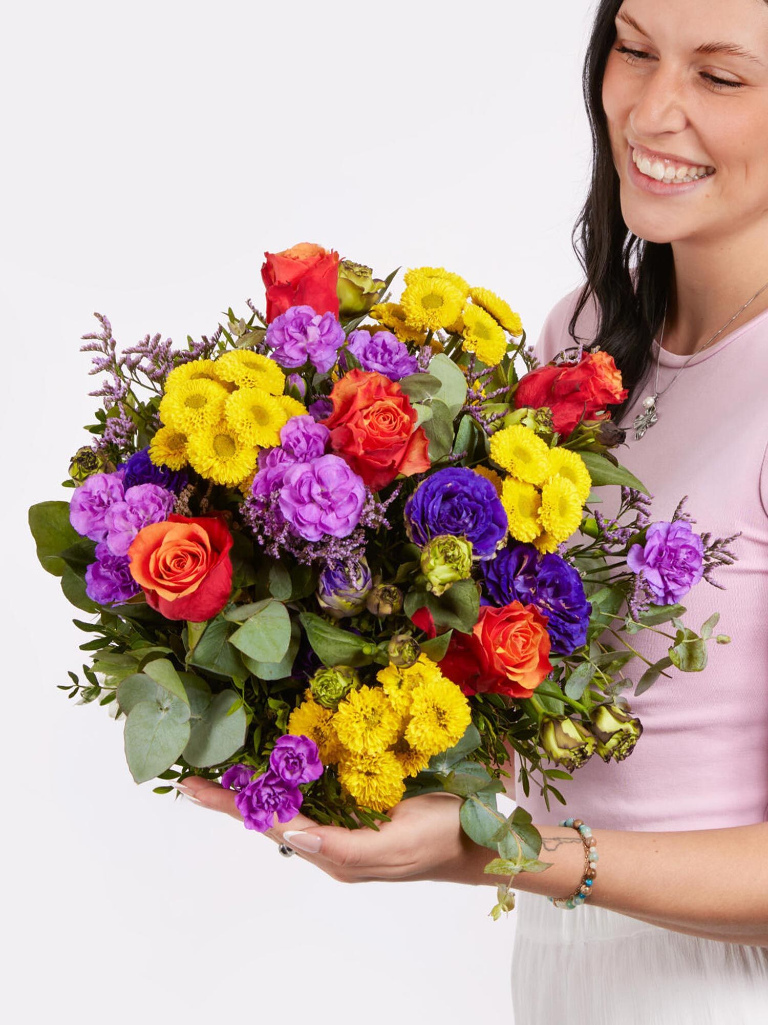 Bunte Grüße  - Hauptblüte: Eustoma, Nelken, Rosen - Hauptfarbe: Gelb, Violett