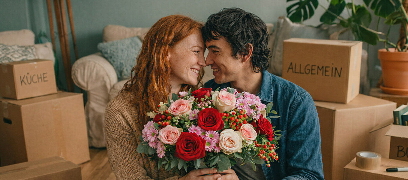 Paar mit Blumenstrauß im neuen Zuhause zwischen beschrifteten Umzugskartons