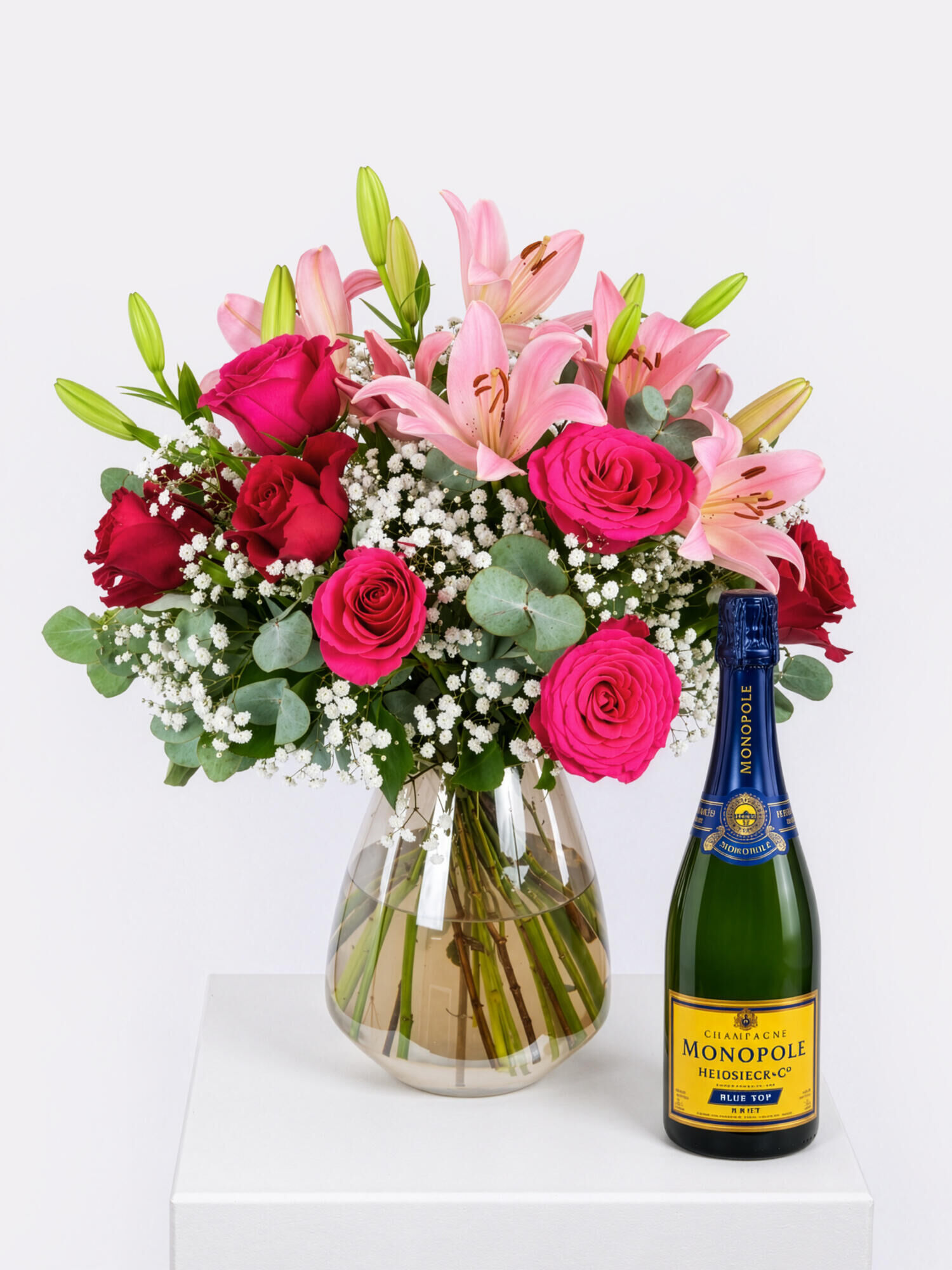 Glamorous Charm mit Champagner - Hauptblüte: Lilien, Rosen - Hauptfarbe: Pink, Rosa, Rot
