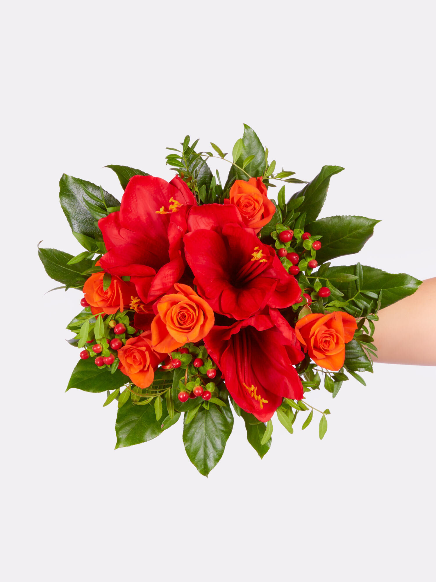 Strauß der Woche - Hauptblüte: Amaryllis, Rosen - Hauptfarbe: Orange, Rot