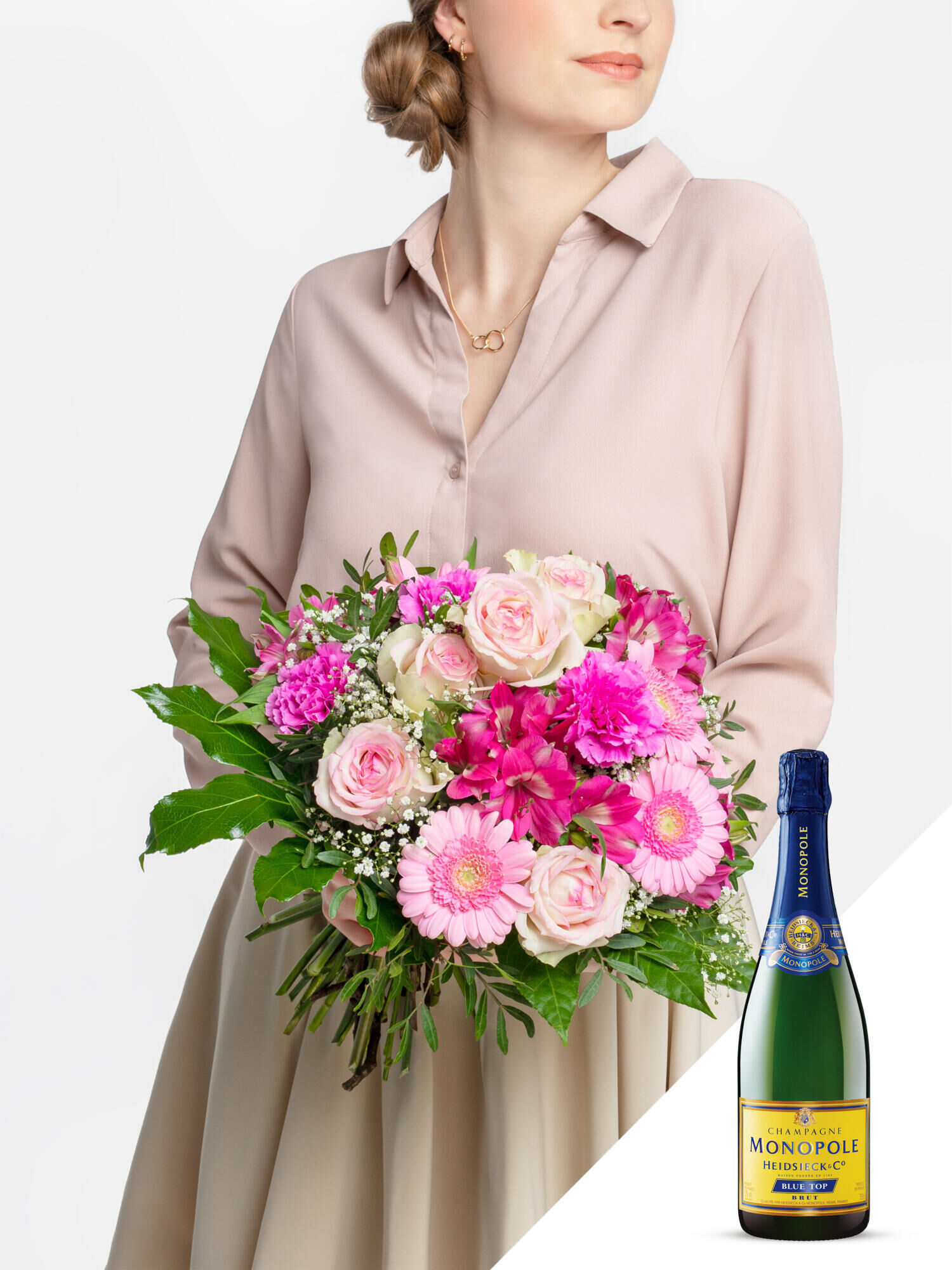 In Feierlaune mit Champagner - Hauptblüte: Alstromerien, Germini, Rosen - Hauptfarbe: Pink, Rosa