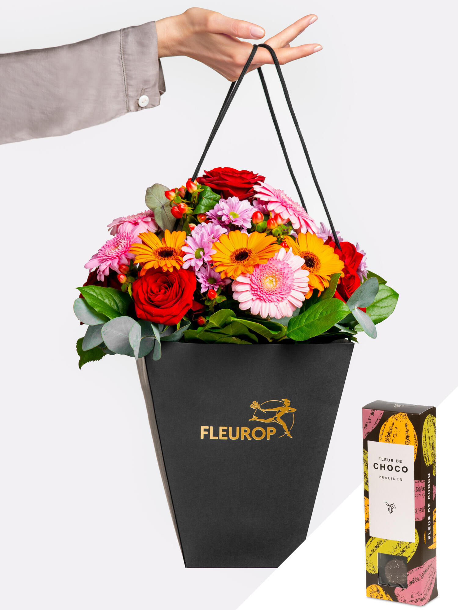 1000 Wünsche mit Fleur de Choco - Hauptblüte: Chrysanthemen, Germini, Rosen - Hauptfarbe: Orange, Rosa, Rot