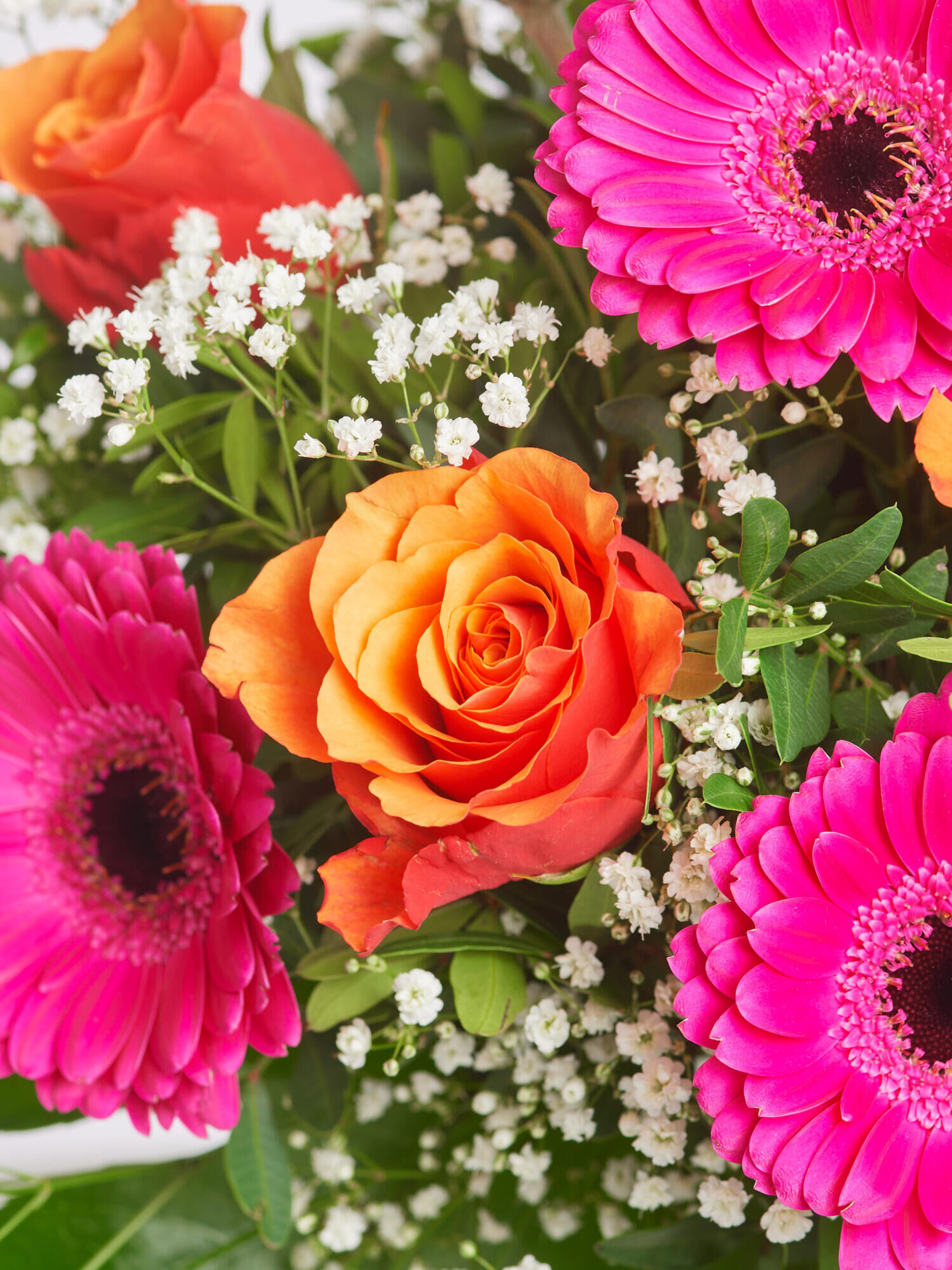 Strauß der Woche - Hauptblüte: Germini, Rosen - Hauptfarbe: Orange, Pink
