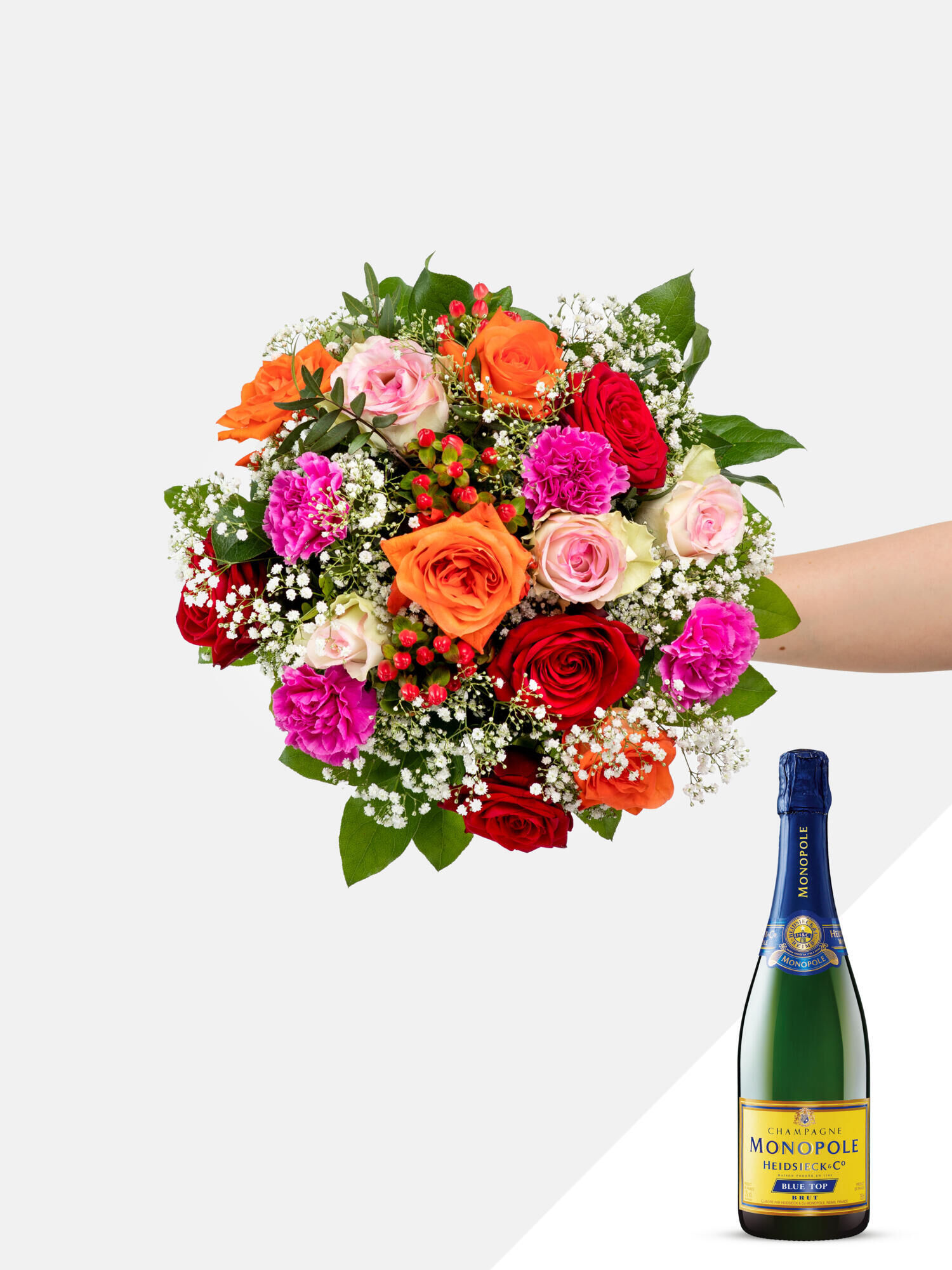 Spritzige Glückwünsche mit Champagner - Hauptblüte: Nelken, Rosen - Hauptfarbe: Orange, Pink, Rosa, Rot